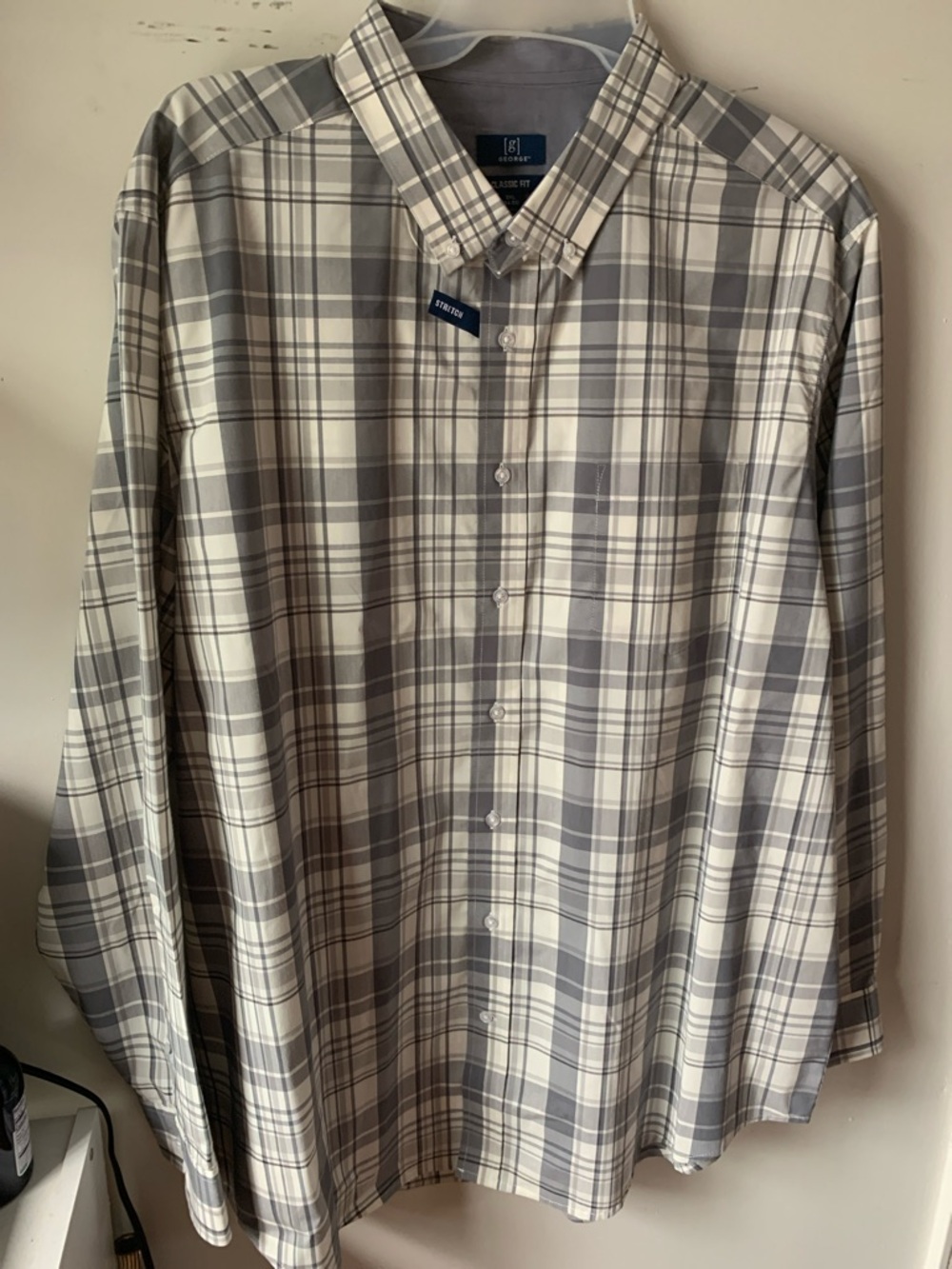 George Men's Gray and White Plaid Button-Up Dress Shirt
